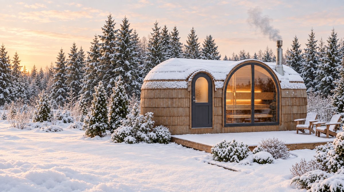 Winter visualisation of an Iglucraft sauna with a curved shingle roof and warm interior, among snowy conifers.